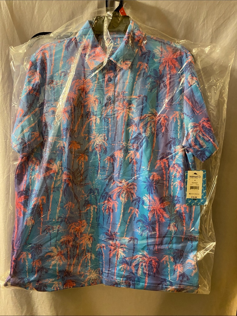 Walmart Short-Sleeve Tropical Palm Button-Down Shirt - Blue/Pink